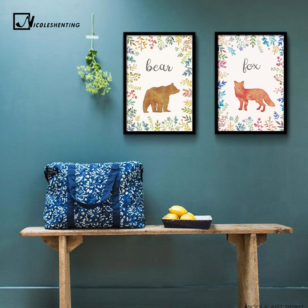 Watercolor Deer Bear Fox Nordic Art Canvas Poster Painting Forest Animals Minimalist Picture Home Children Room Wall Decoration