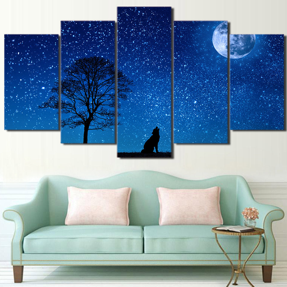 HD Printed 5 Pieces  Howling Wolf Canvas Paintings Blue Moon Poster Night Stars Wall Pictures For Living Room Decor NY-7190C
