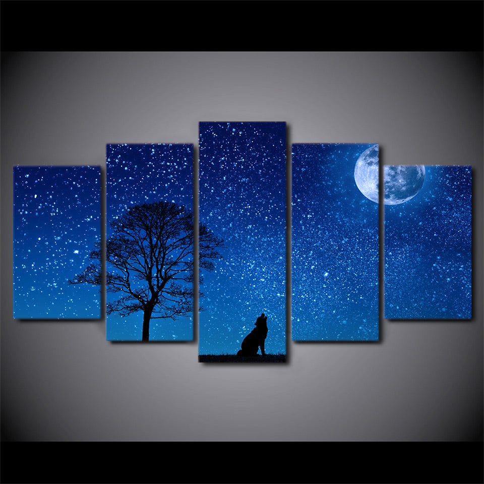 HD Printed 5 Pieces  Howling Wolf Canvas Paintings Blue Moon Poster Night Stars Wall Pictures For Living Room Decor NY-7190C