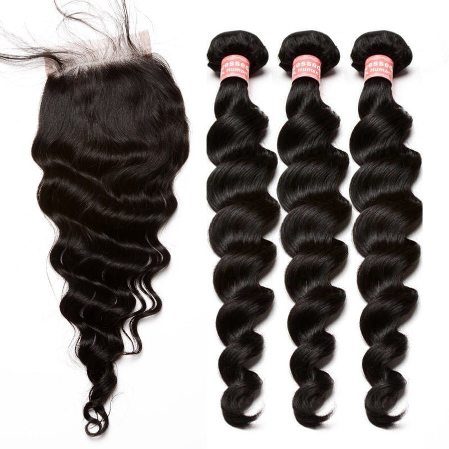 3 Loose Wave Human Hair Bundles With Closure 4X4 Brazilian Hair Weave Bundles Deal Remy Nature Color Prosa Hair Products