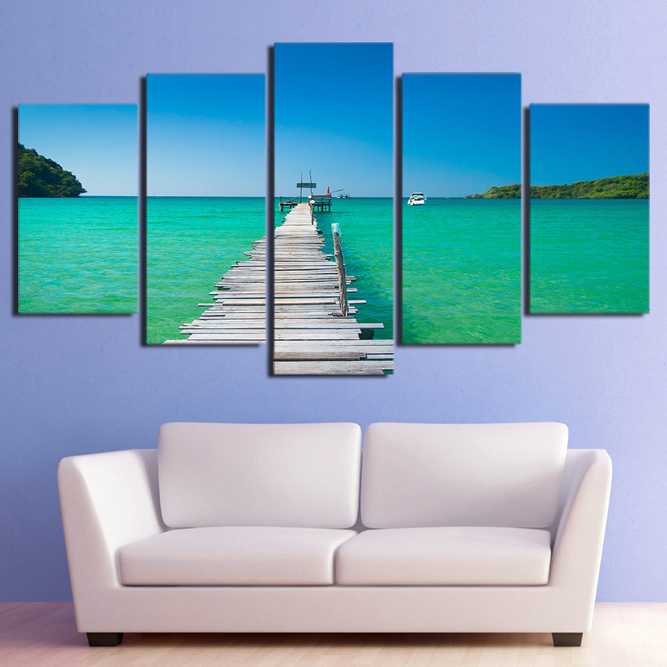 HD Printed 5 piece canvas art seascape bridge painting framed modular canvas painting wall pictures Free shipping CU-2184C