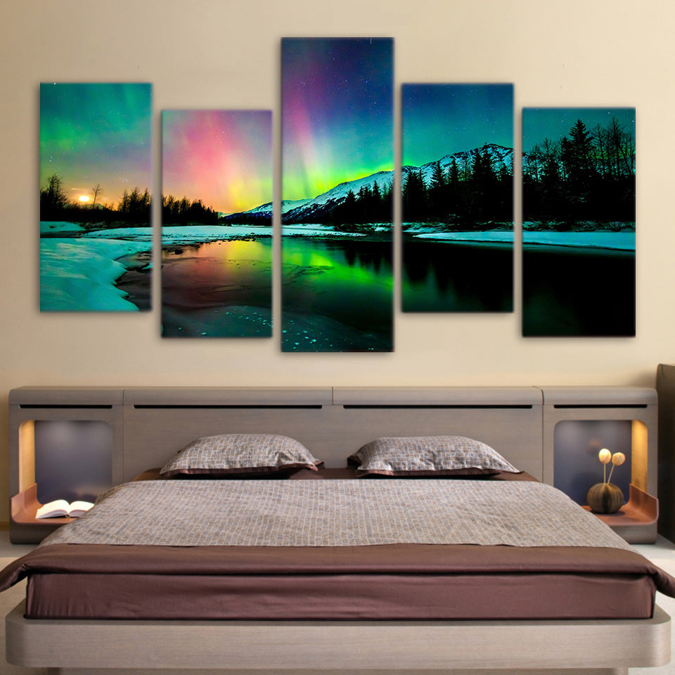 HD Printed 5 piece canvas art aurora lake mountain landscape Painting living room decoration poster  Free shipping/NY-6320