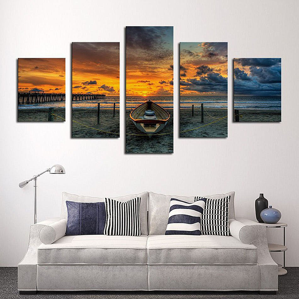 HD 5 piece canvas art Print painting Seascape And Boat With HD Large Print Canvas Painting For Living room free shipping/ny-4117