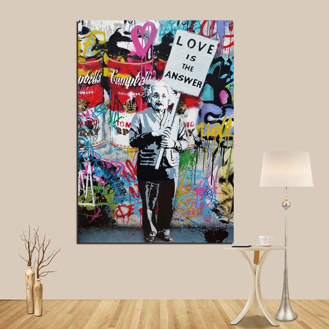 HD Printed 1 piece canvas art Banksy graffiti spray Einstein love is the answer Painting poster free shipping ArtSailing