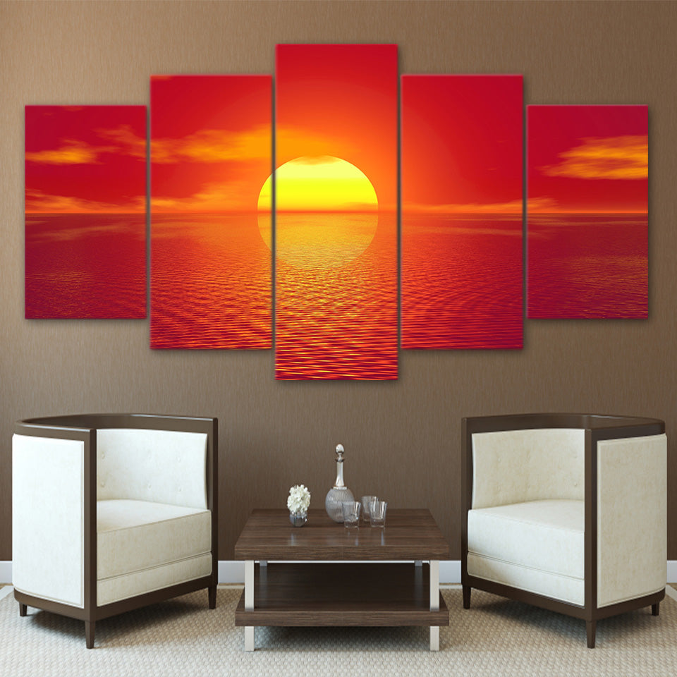 HD Printed 5 Piece Canvas Art Red Sunset Landscape Painting Modular Wall Pictures for Living Room Modern Free Shipping NY-7279A