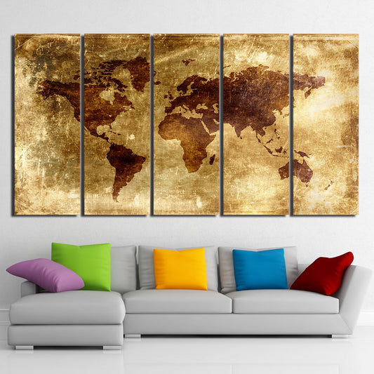 HD Printed 5 Piece Canvas Art Painting Vintage World Map Picture Posters and Prints Home Decor Modular Pictures CU-2700B