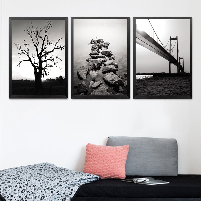 Black White Scenery Home Pictures Art Print, Tree Stone Bridge Canvas Wall Picture Print Poster For Home Wall Decor HD2292