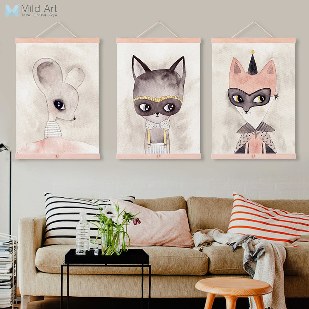 Moder Cute Animals Cat Fox Wooden Framed Canvas Painting Nursery Kids Room Home Decor Wall Art Print Picture Poster Scroll
