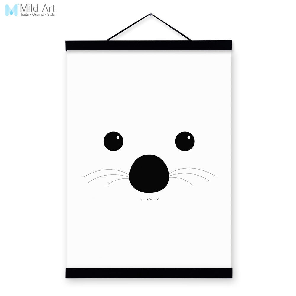 Bear Black White Minimalist Abstract Kawaii Animal A4 Wooden Framed Canvas Painting Wall Art Print Picture Poster Kids Room Deco