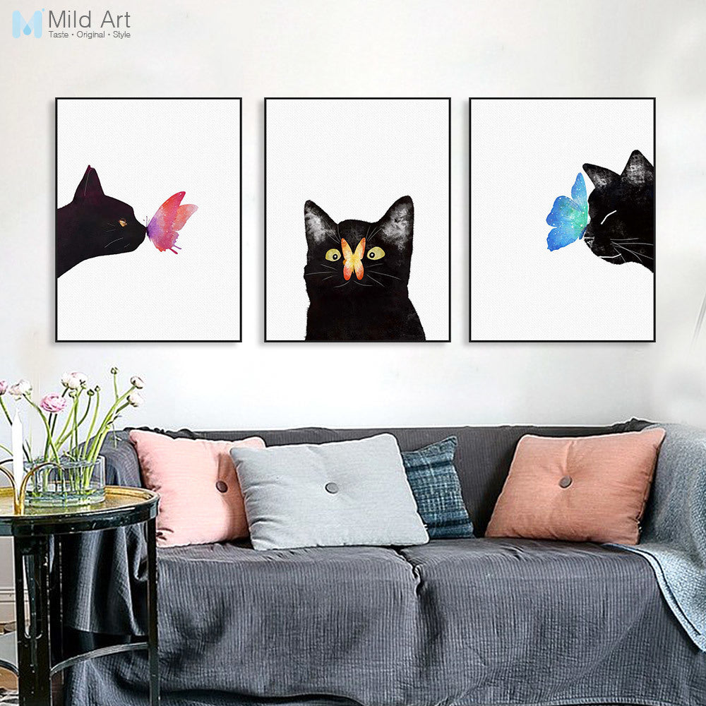 Watercolor Triptych Modern Animal Cat Butterfly Canvas A4 Art Print Poster Nordic Wall Picture Kids Room Decor Painting No Frame