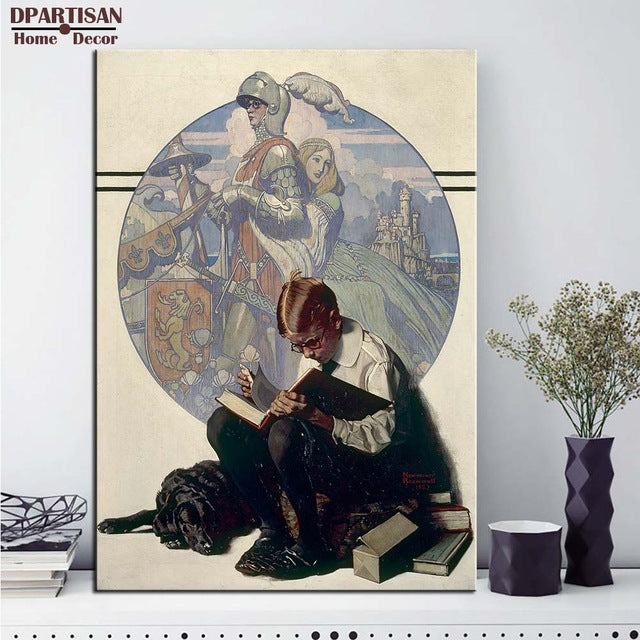 DPARTISAN wall art print picture boy reading girl running wet little spooners or sunset art By Norman Rockwell No frame Painting
