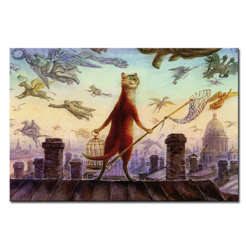 Vladimir Rumyantsev fly on the sky cat world oil painting wall Art Picture Paint on Canvas Prints wall painting no framed