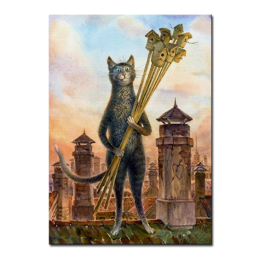 Vladimir Rumyantsev house owner with cat world oil painting wall Art Picture Paint on Canvas Prints wall painting no framed