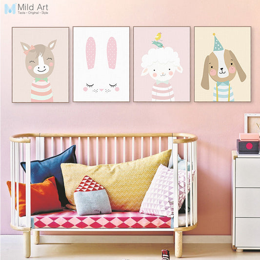 Nordic Kawaii Cartoon Animal Deer Bear Rabbit Poster A4 Baby Kids Room Wall Art Print Picture Canvas Painting Home Deco No Frame