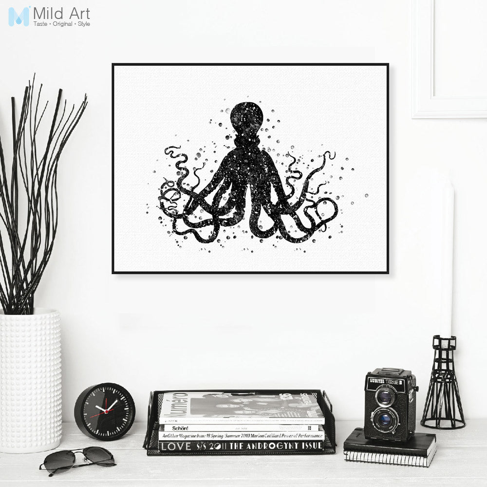 Modern Black White Marine Animal Camvas A4 Art Print Poster Abstract Octopus Wall Pictures Bedroom Home Decor Paintings No Frame