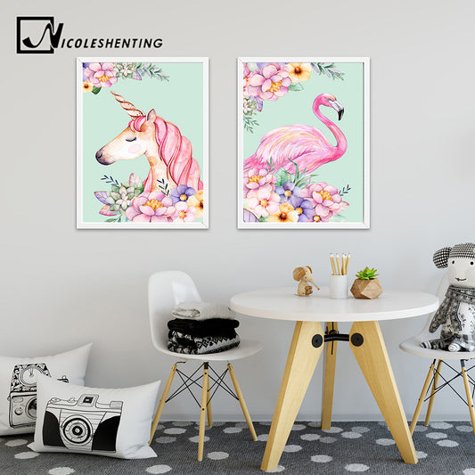 Flower Unicorn Flamingo Poster and Print Watercolor Animal Painting Wall Art Decorative Picture Nordic Style Kids Decoration