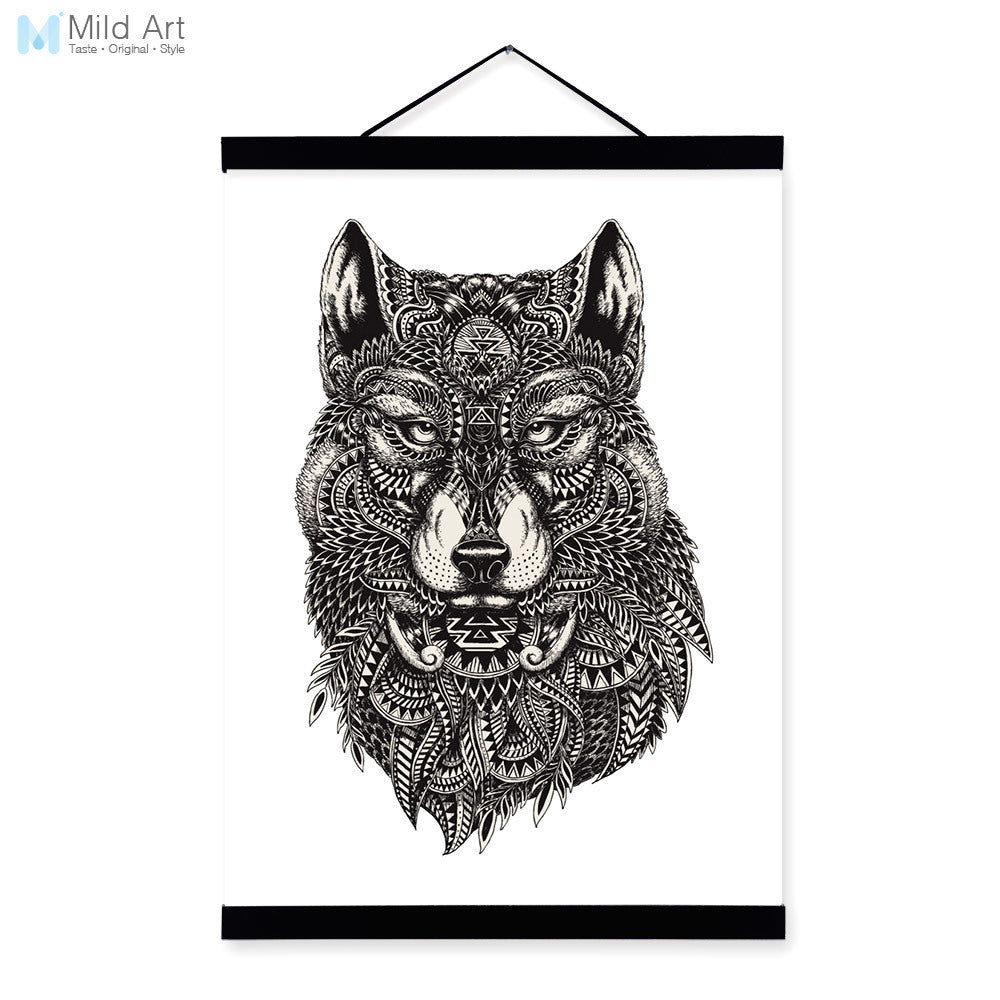 Modern Wolf Black White Animal Head Portrait Wildlife Wood Framed Canvas Painting Wall Art Print Picture Poster Hanger Home Deco