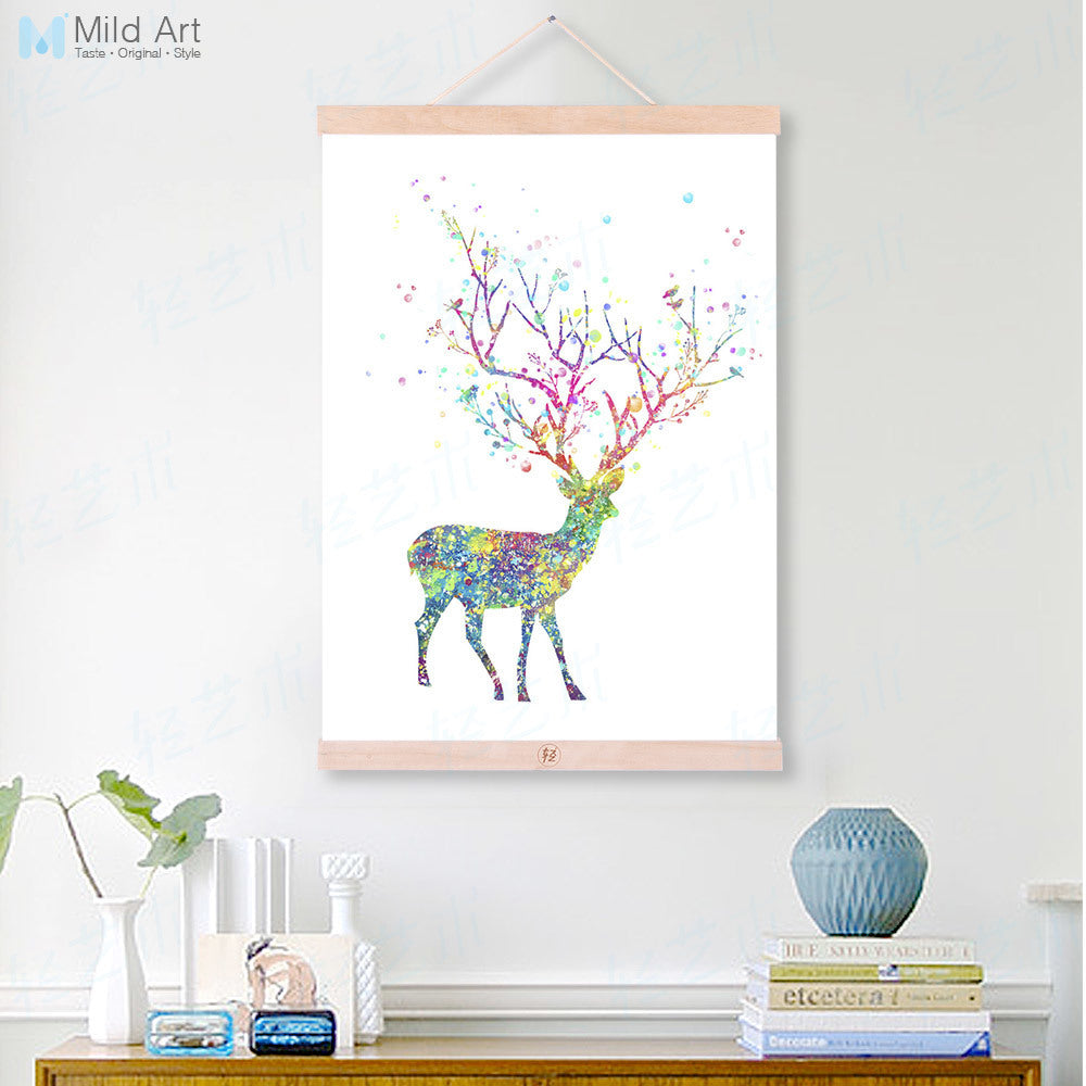 Modern Watercolor Abstract Dear Tree Bird Wooden Framed Canvas Paintings Girl Room Decor Wall Art Print Pictures Poster Scroll