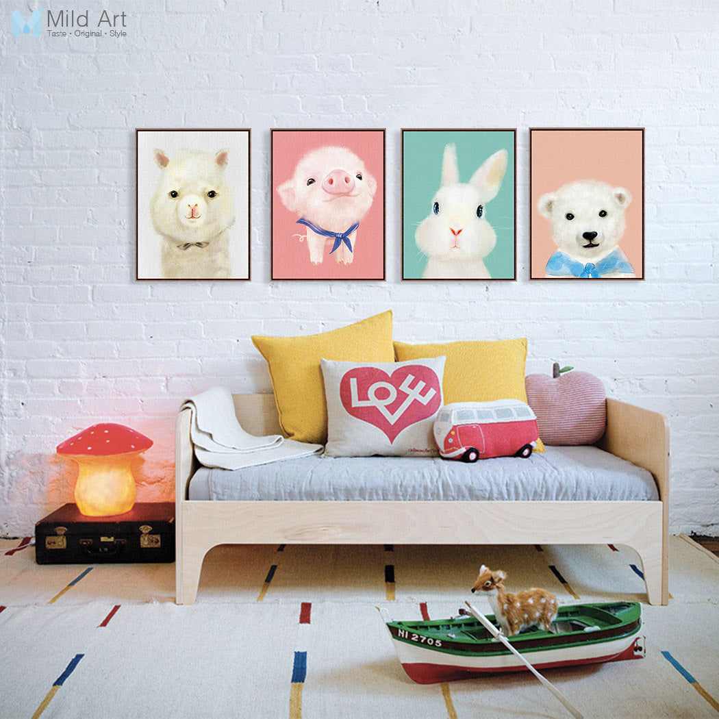 Watercolor Modern Cute Animals Penguin Art Print Poster Kawaii Rabbit Nursery Deco Wall Picture Baby Kids Room Painting No Frame