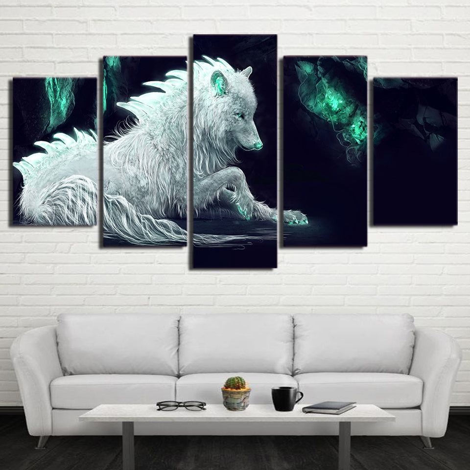 HD Printed 5 Piece Abstract White Wolf Canvas Painting Green Glowing  Wall Picture Posters and Prints Free Shipping  NY-7276B
