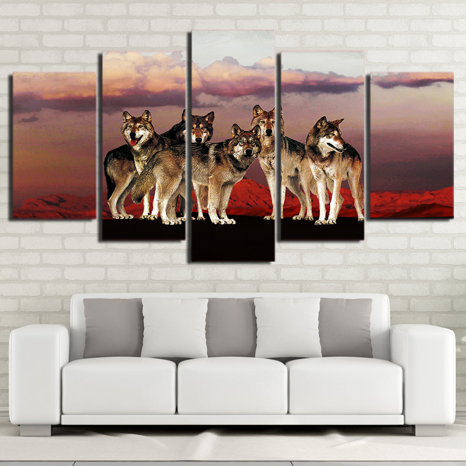 5 Piece HD Printed Canvas Painting Wolf Group in the Red Mountain Posters and Prints Modular Wall Picture Free shipping NY-7199B