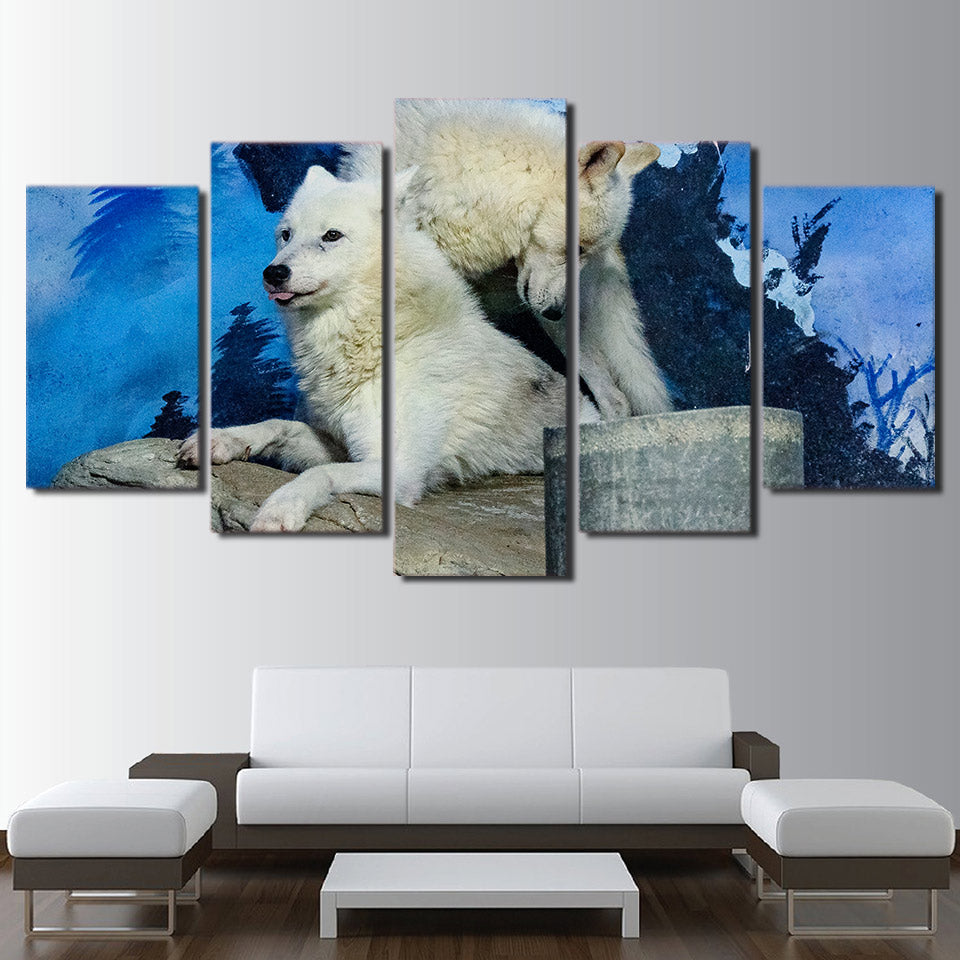 5 Pieces Canvas Art Snow White Wolf Couple Painting Modular Framed Canvas Painting Home Decor Poster For Living Room CU-1385C