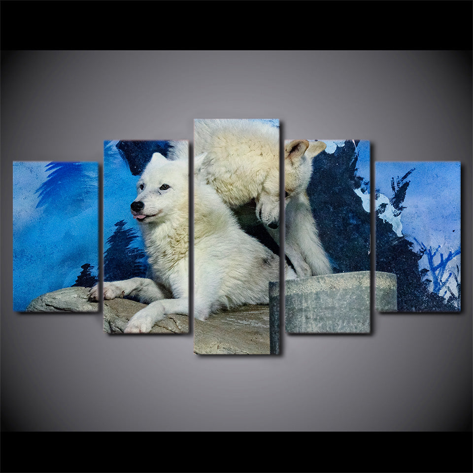 5 Pieces Canvas Art Snow White Wolf Couple Painting Modular Framed Canvas Painting Home Decor Poster For Living Room CU-1385C