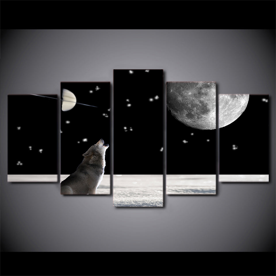 5 Piece HD Printed Howling Wolf Painting Moon Night Canvas Prints Black and White Posters and Prints Free shipping  NY-7194C