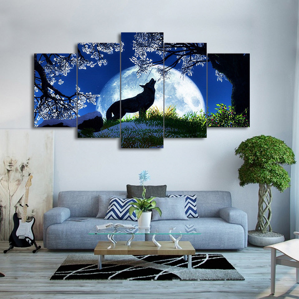 HD Printed 5 Pieces Canvas Paintings Howling Wolf Blue Moon Cherry Blossoms Night Wall Pictures For Living Room Decor CU-1897A