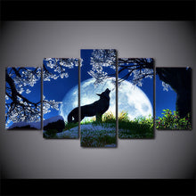 Load image into Gallery viewer, HD Printed 5 Pieces Canvas Paintings Howling Wolf Blue Moon Cherry Blossoms Night Wall Pictures For Living Room Decor CU-1897A

