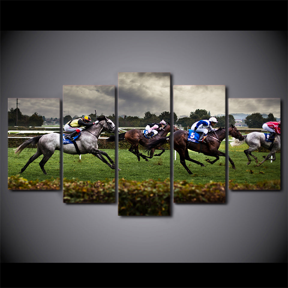 HD Printed 5 Piece Canvas Art Fast Horse Racing Painting Modular Framed Wall Pictures Room Decor Free Shipping NY-7050B