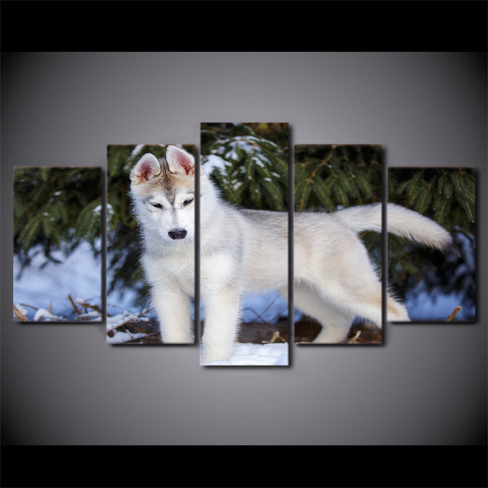 HD Printed 5 Piece Canvas Art White Wolf in Snow Forest Painting Modular Wall Pictures for Living Room Free Shipping CU-2369B