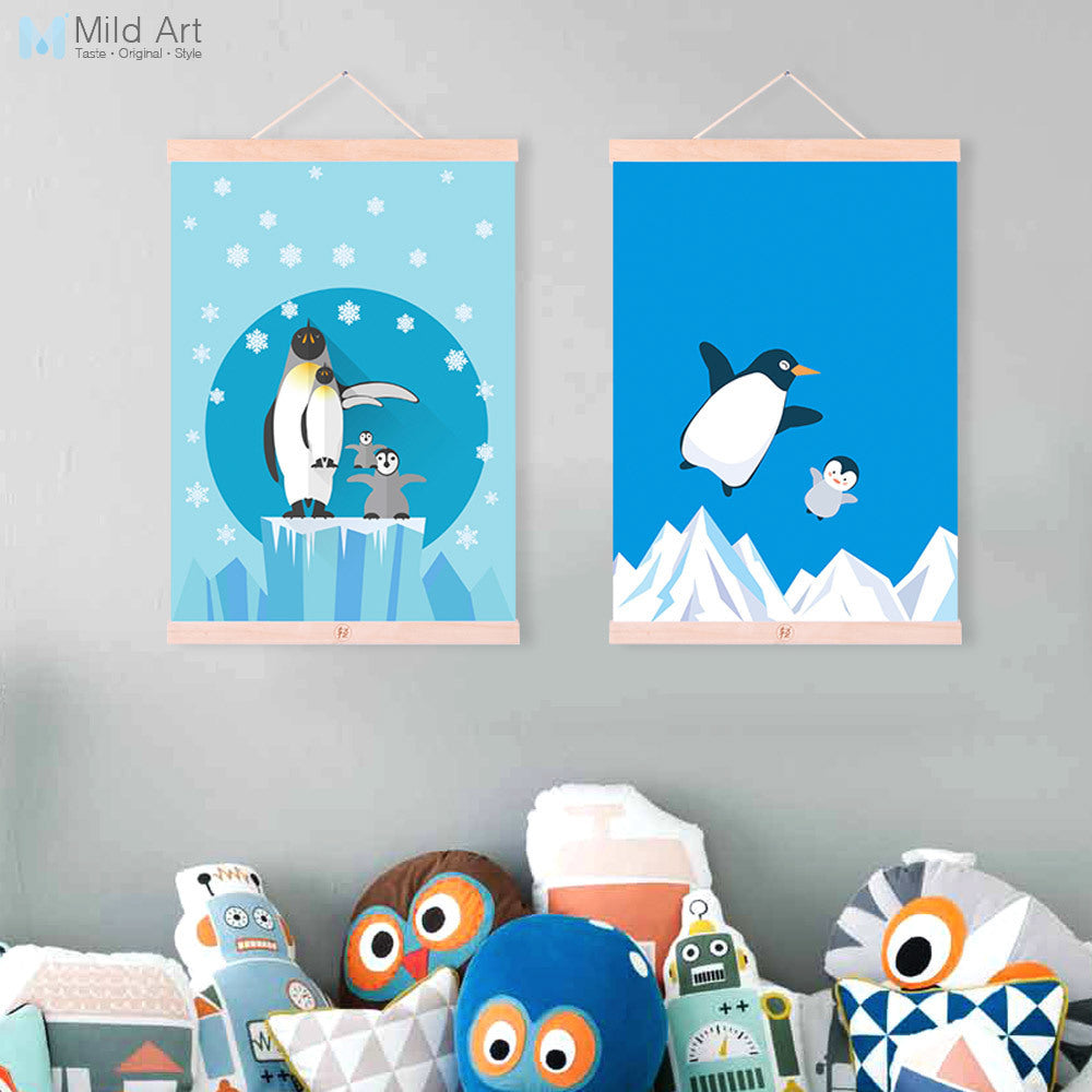 Nordic Kawaii Animal Penguin Family A4 Wooden Framed Poster Canvas Painting Modern Living Room Home Deco Wall Art Picture Scroll