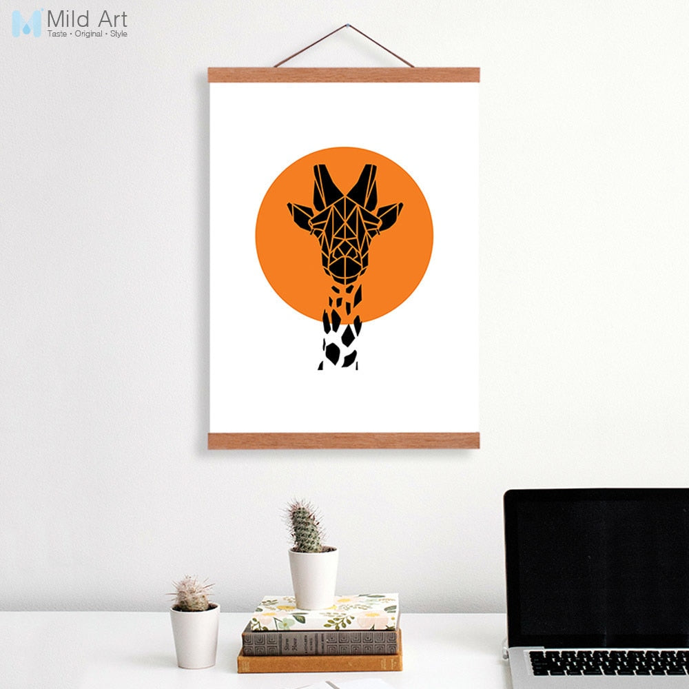 Nordic Abstract Geometric Giraffe Head Wooden Framed Canvas Painting Modern Retro Home Deco Wall Art Print Picture Poster Scroll