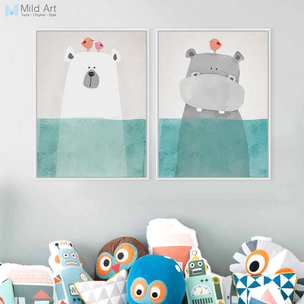 Modern Cute Animal Bear Hippo Poster Print Wall Art Picture Nordic Vintage Kawaii Kids Room Decor Canvas Painting No Frame Gifts