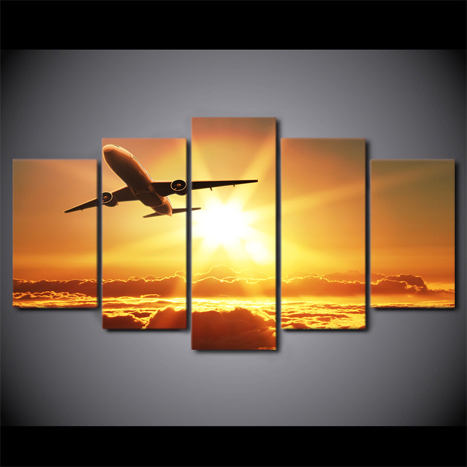 HD Printed 5 Piece Canvas Art Airplane Sunset Painting Wall Pictures Posters For New year Decoration  Free Shipping CU-2746C