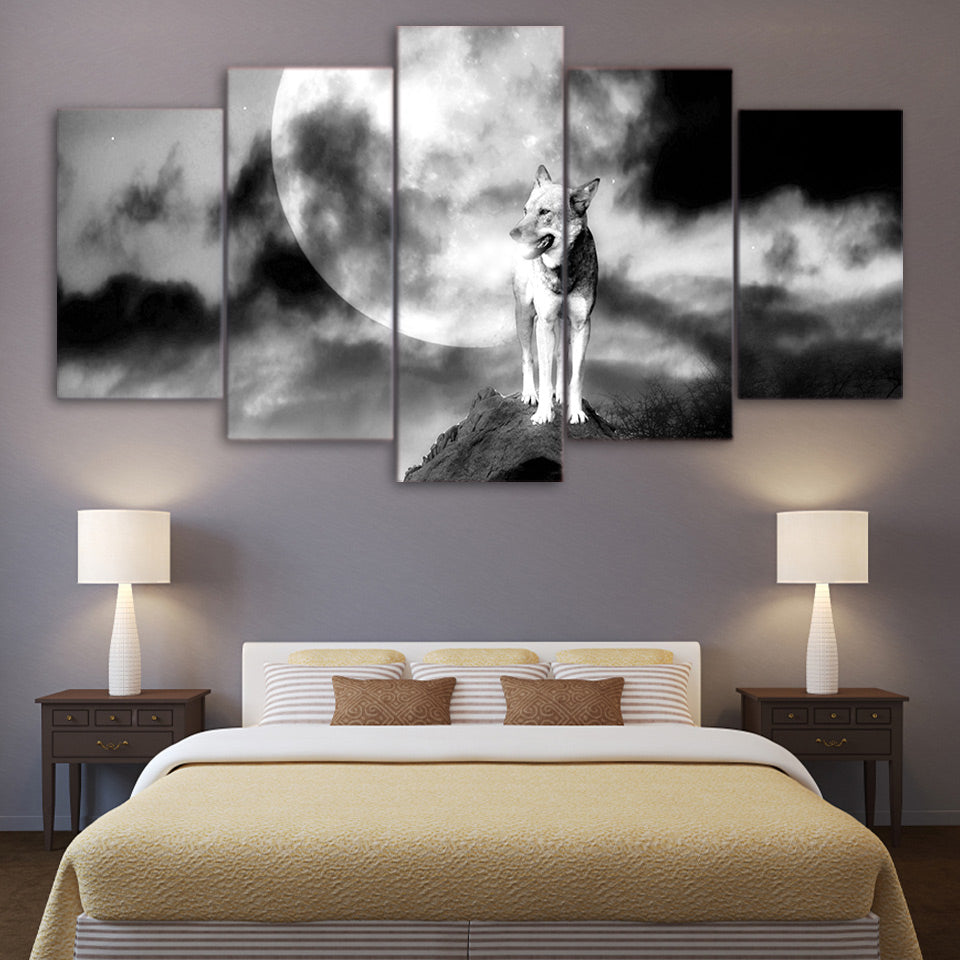 HD Printed 5 Piece Canvas Art White Wolf Painting Abstract Moon Wall Pictures for Living Room Modern Free Shipping CU-2495B
