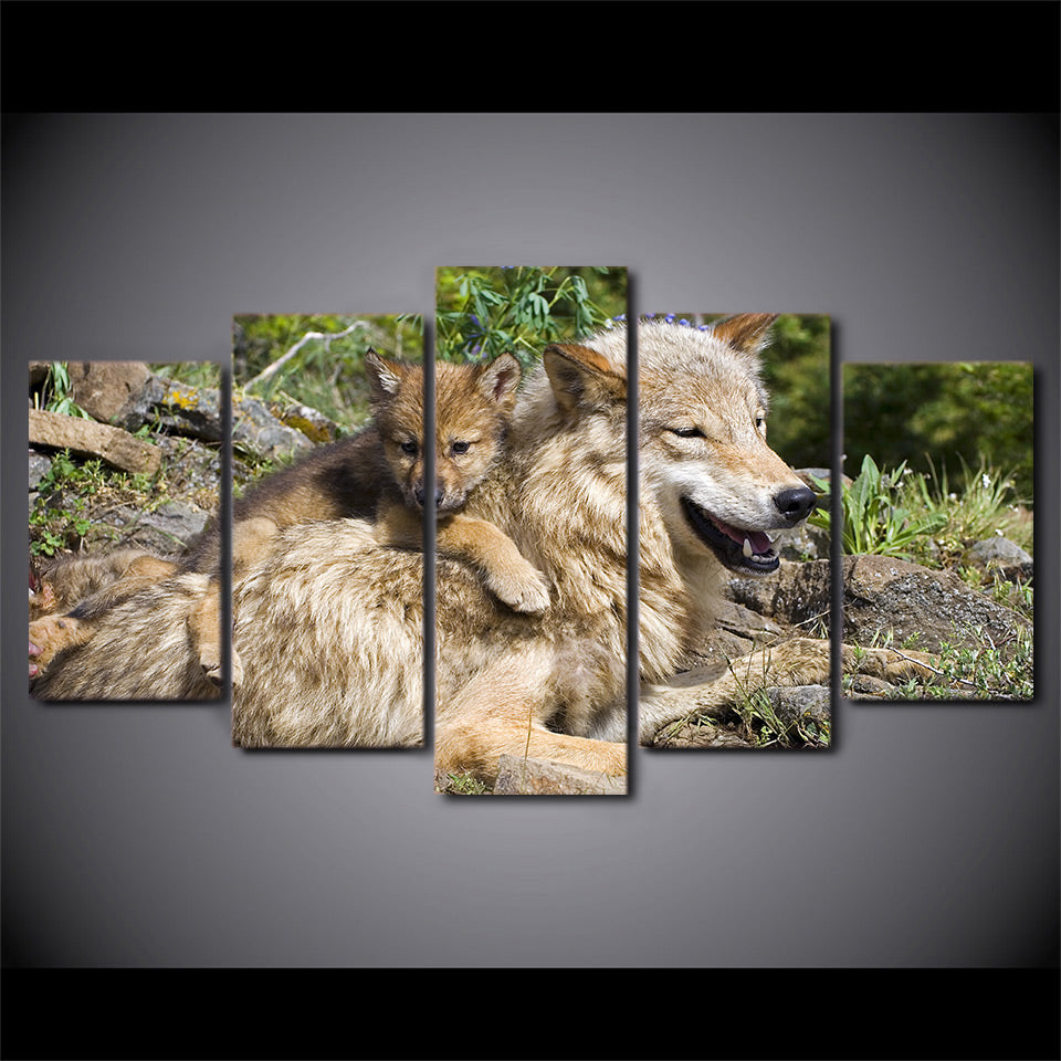HD Printed 5 Piece Canvas Art Wild Wolf Cubs Painting Home Decor Poster Wall Pictures for Living Room Free Shipping  CU-2296C