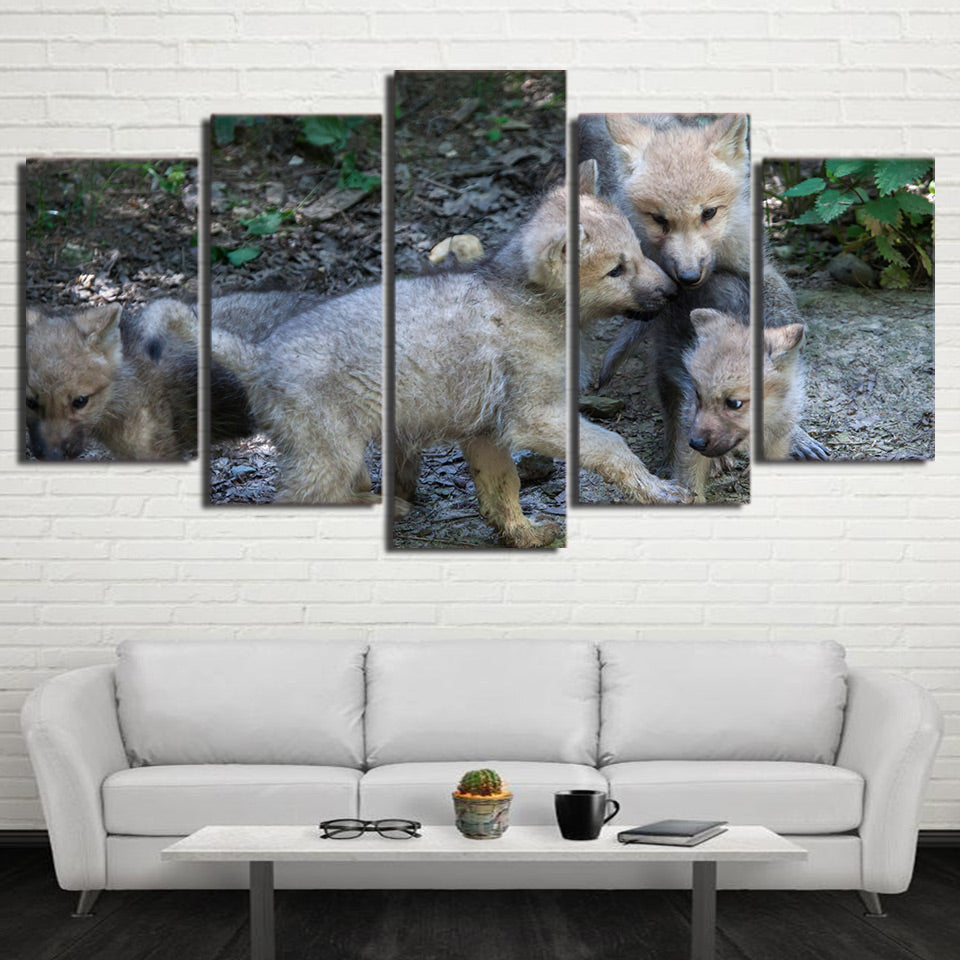 HD Printed 5 Piece Canvas Art Wild Wolf Cubs Painting Framed Modular Wall Pictures for Living Room Modern Free Shipping CU-2299C