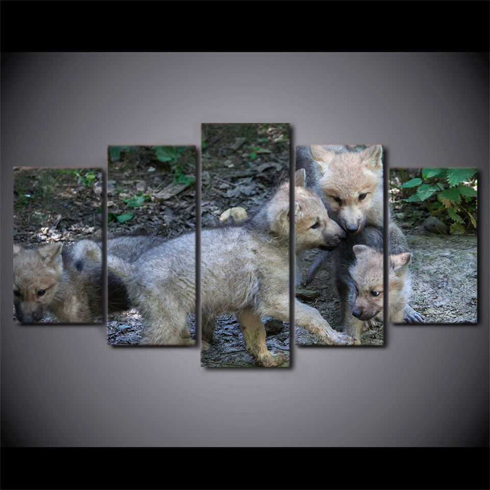 HD Printed 5 Piece Canvas Art Wild Wolf Cubs Painting Framed Modular Wall Pictures for Living Room Modern Free Shipping CU-2299C