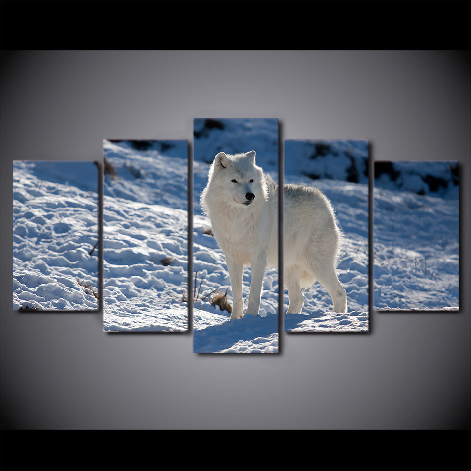 HD Printed 5 Piece Canvas Art White Snow Wolf Painting Snow Mountain Wall Pictures for Living Room Decor Free Shipping CU-1863B