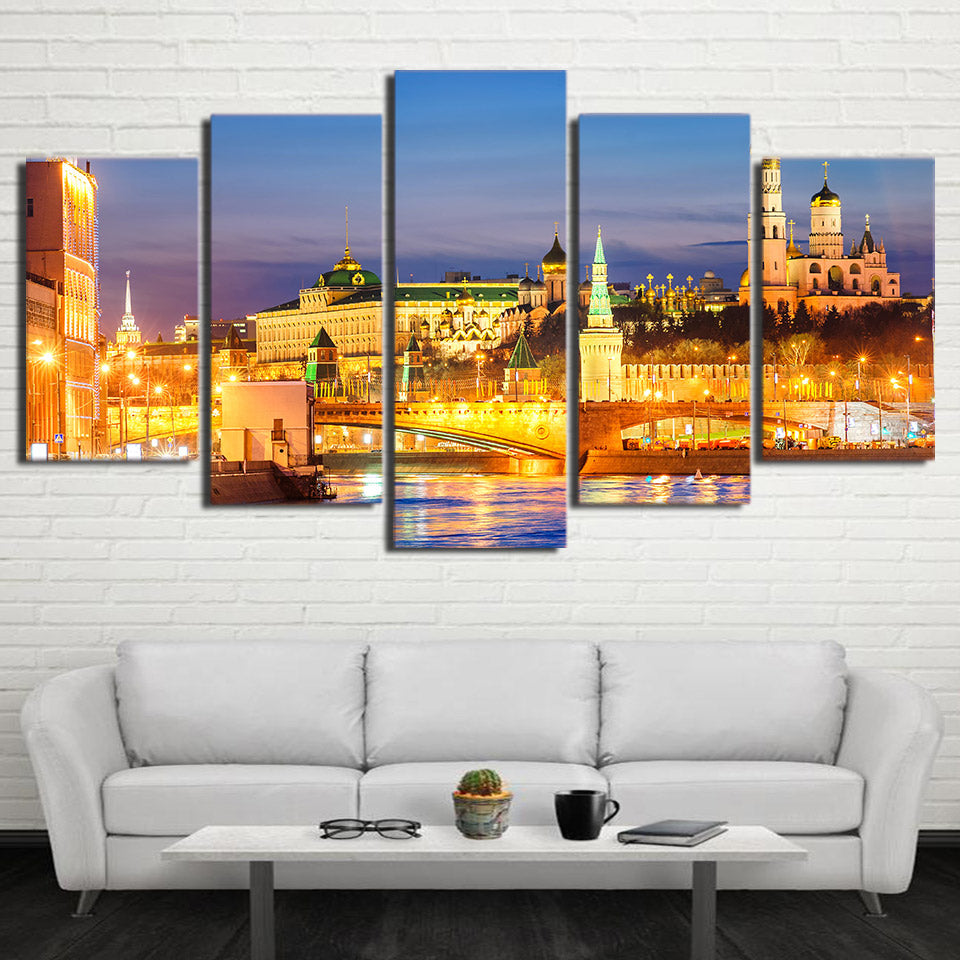 HD Printed 5 Piece Canvas Art Moscow Houses Rivers Bridges Painting Sunset landscape for home wall living room decor NY-7278B