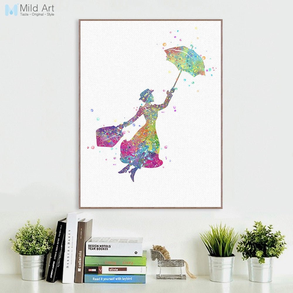 Modern Watercolor Aunt Mary Magical A4 Print Poster Pop Film Flying Wall Art Picture Canvas Baby Kids Room Deco Paintin No Frame
