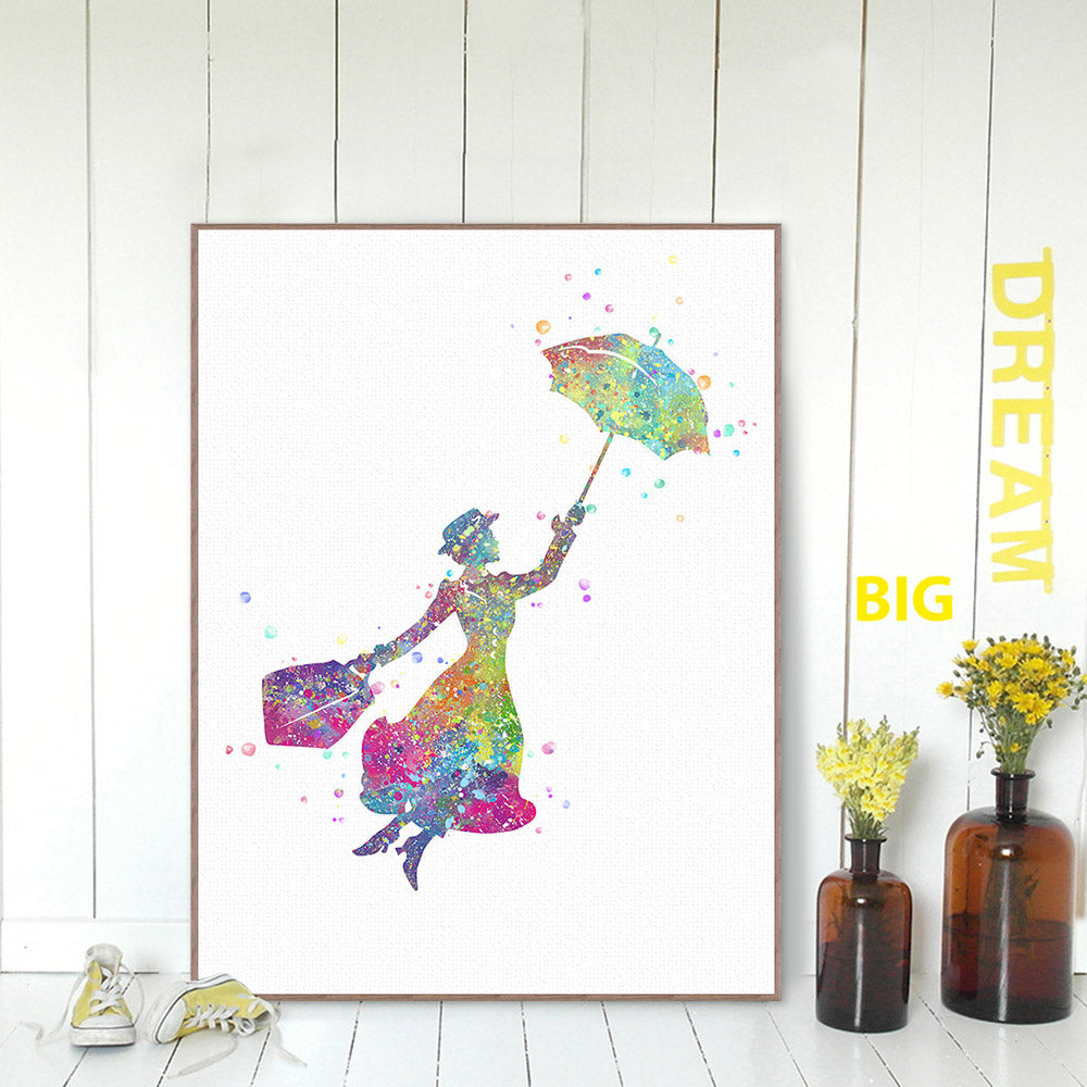 Modern Watercolor Aunt Mary Magical A4 Print Poster Pop Film Flying Wall Art Picture Canvas Baby Kids Room Deco Paintin No Frame