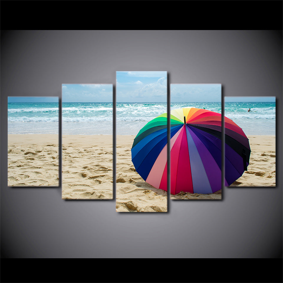 HD Printed 5 Piece Canvas Art Beach Painting Rainbow Umbrella Wall Pictures Decor Framed Modular Painting Free Shipping CU-2405B