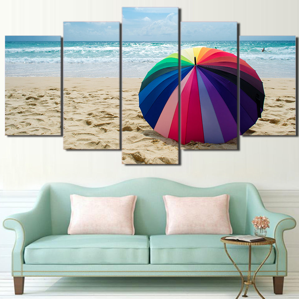 HD Printed 5 Piece Canvas Art Beach Painting Rainbow Umbrella Wall Pictures Decor Framed Modular Painting Free Shipping CU-2405B
