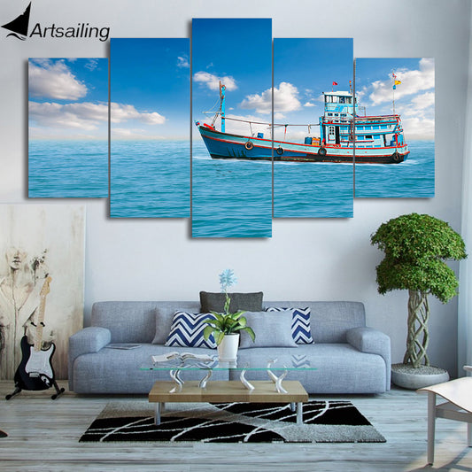 HD Printed 5 Piece Canvas Art Sailing Boat Painting Modular Blue Sea Wall Pictures Framed Painting Free Shipping CU-2089A