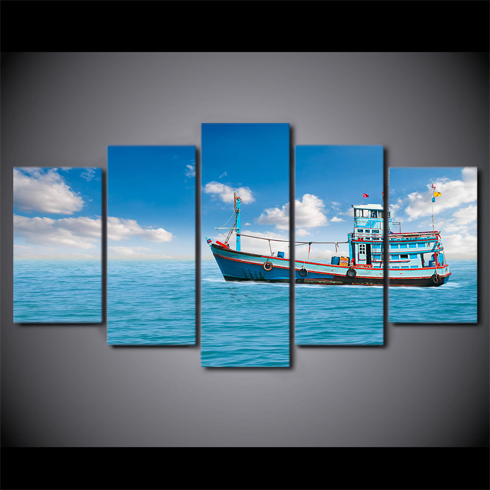HD Printed 5 Piece Canvas Art Sailing Boat Painting Modular Blue Sea Wall Pictures Framed Painting Free Shipping CU-2089A