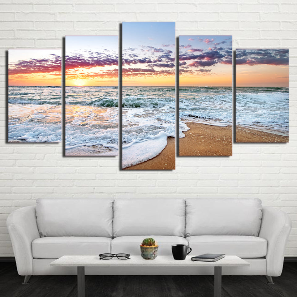 HD Printed 5 Piece Canvas Art Sunset Sea Wave Painting Wall Pictures for Living Room Beach Poster Free Shipping CU-2536C