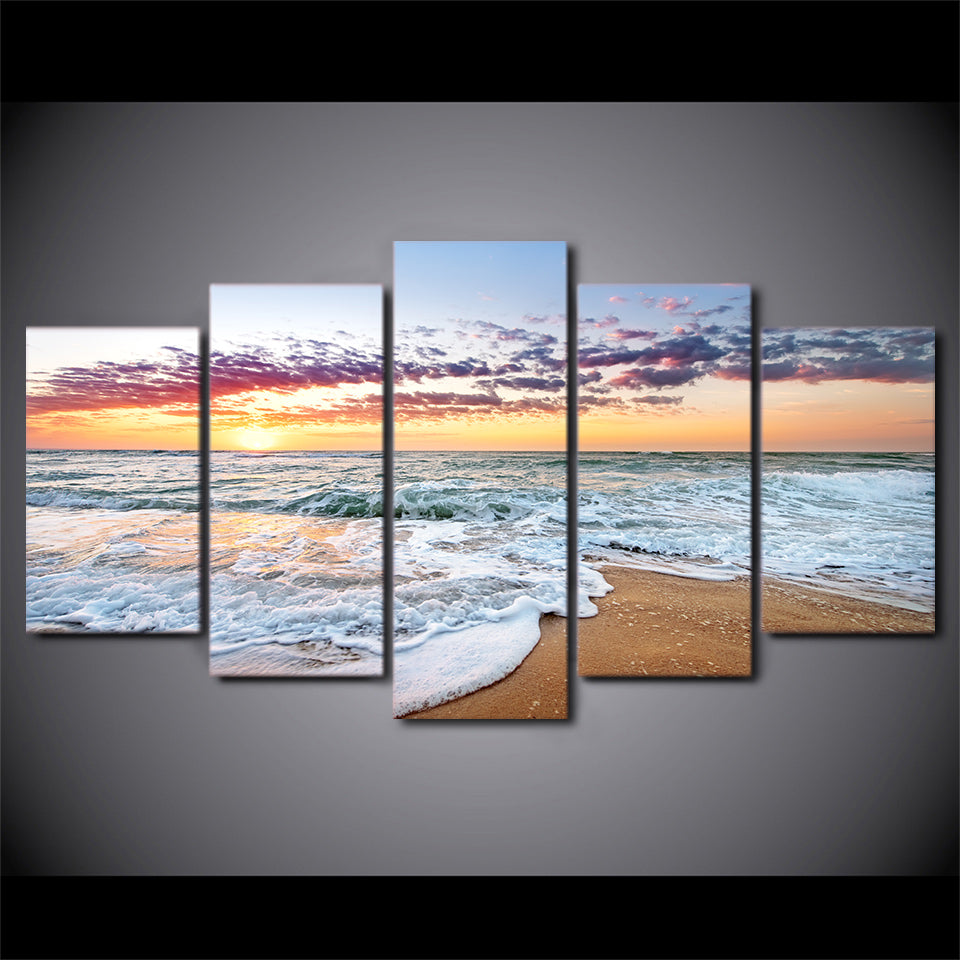 HD Printed 5 Piece Canvas Art Sunset Sea Wave Painting Wall Pictures for Living Room Beach Poster Free Shipping CU-2536C